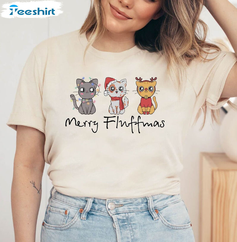 Merry Fluffmas Shirt, Christmas Meowy Unisex Hoodie Short Sleeve