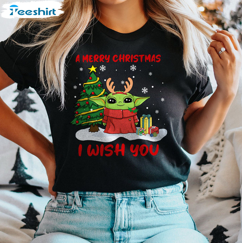 A Merry Christmas I Wish You Shirt, Baby Yoda Reindeer Short Sleeve Hoodie