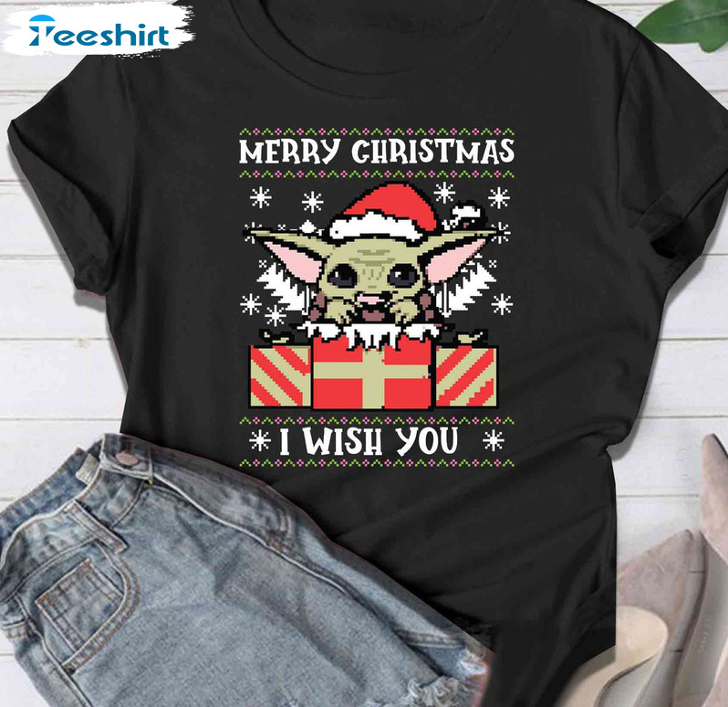 Merry Christmas I Wish You Sweatshirt, Christmas Baby Yoda Short Sleeve Crewneck