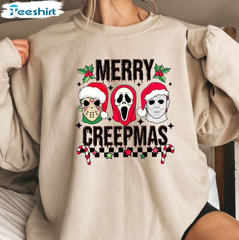 Merry Creepmas Sweatshirt, Spooky Christmas Tee Tops Short Sleeve