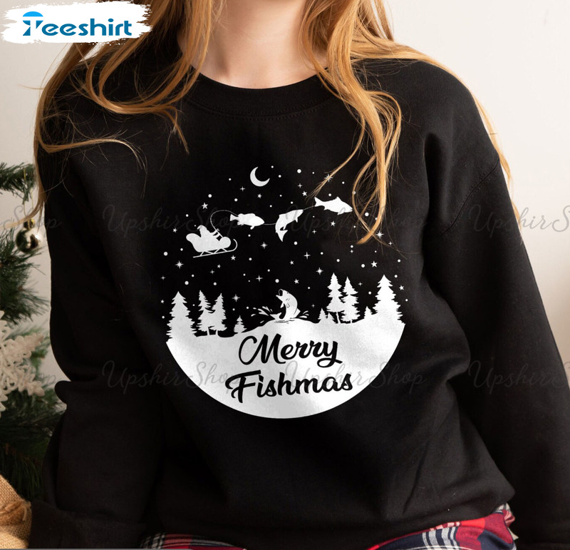 Merry Fishmas Sweatshirt, Christmas Santa Fisherman Short Sleeve Sweater