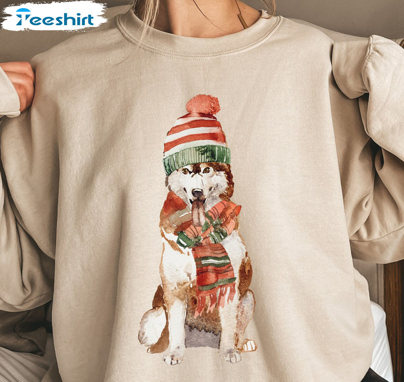 Husky Christmas Sweatshirt, Siberian Husky Short Sleeve Crewneck