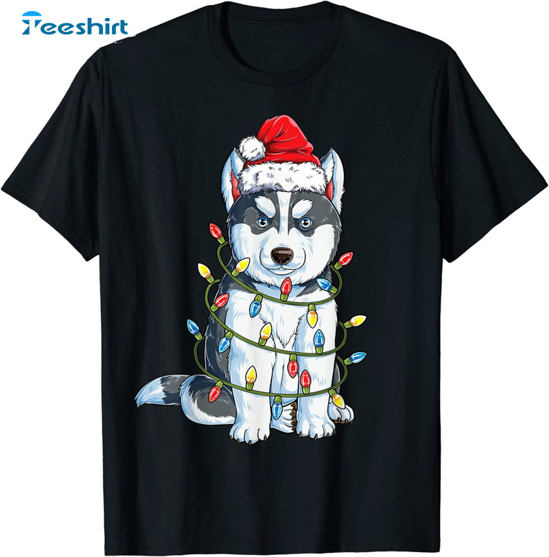 Siberian Husky Santa Christmas Shirt, Xmas Lights Tee Tops Unisex Hoodie
