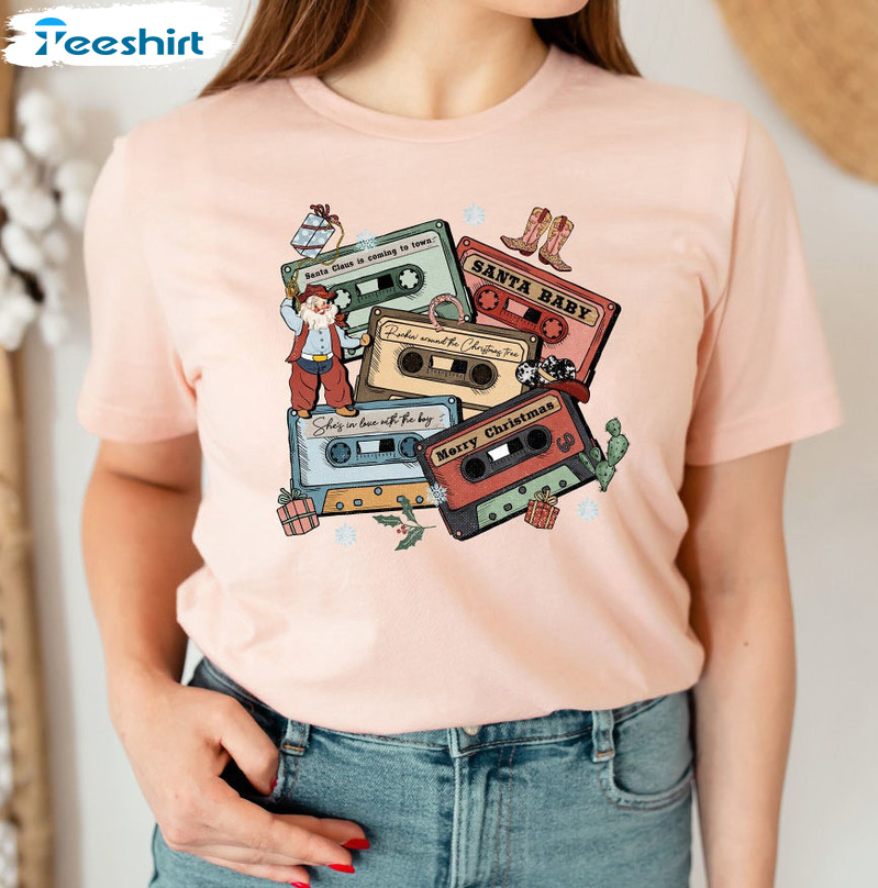 Christmas Music Cassette Shirt, Vintage Tee Tops Short Sleeve