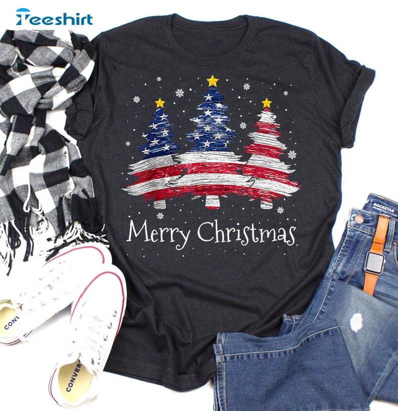 Merry Christmas Tree Shirt, American Flag Xmas Short Sleeve Tee Tops