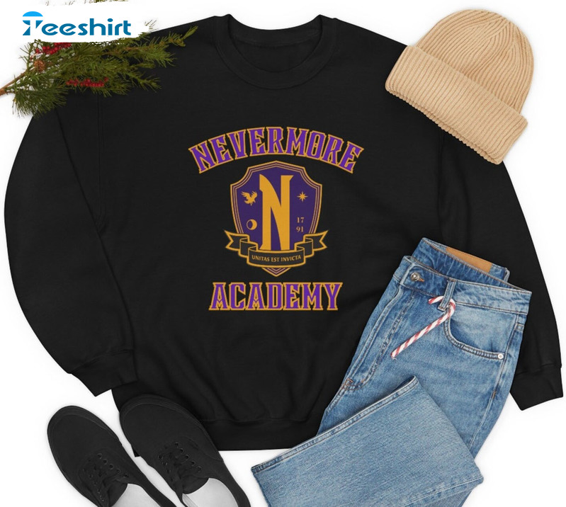 Nevermore Academy Sweatshirt, Wednesday Addams Cartoon Short Sleeve Crewneck