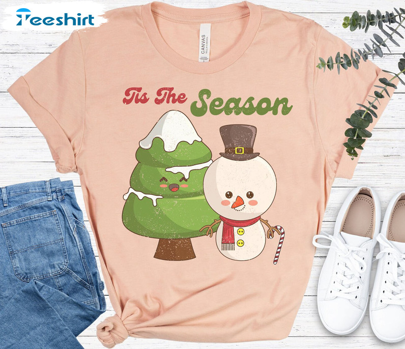 Tis The Season Vintage Shirt, Christmas Snowman Tree Hoodie Short Sleeve