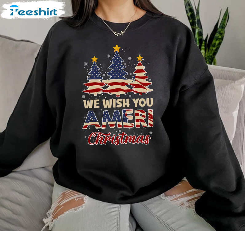 We Wish You Ameri Christmas Shirt, American Flag Short Sleeve Crewneck