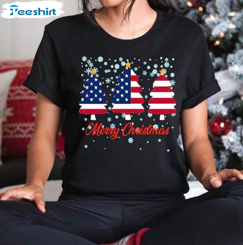 American Flag Christmas Tree Sweatshirt, Christmas Family Short Sleeve Hoodie