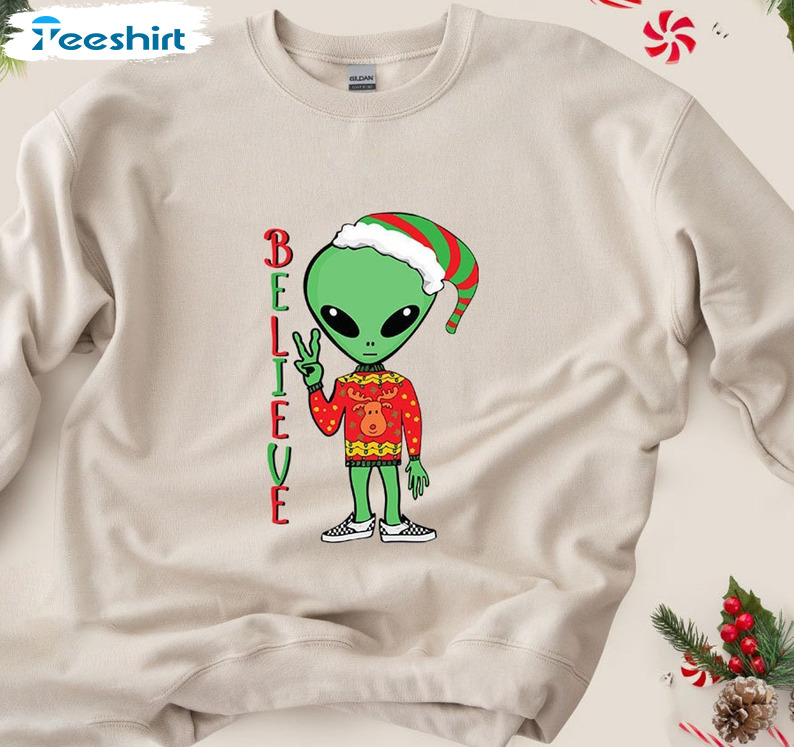 Alien Believe Shirt, Christmas Vintage Unisex Hoodie Short Sleeve