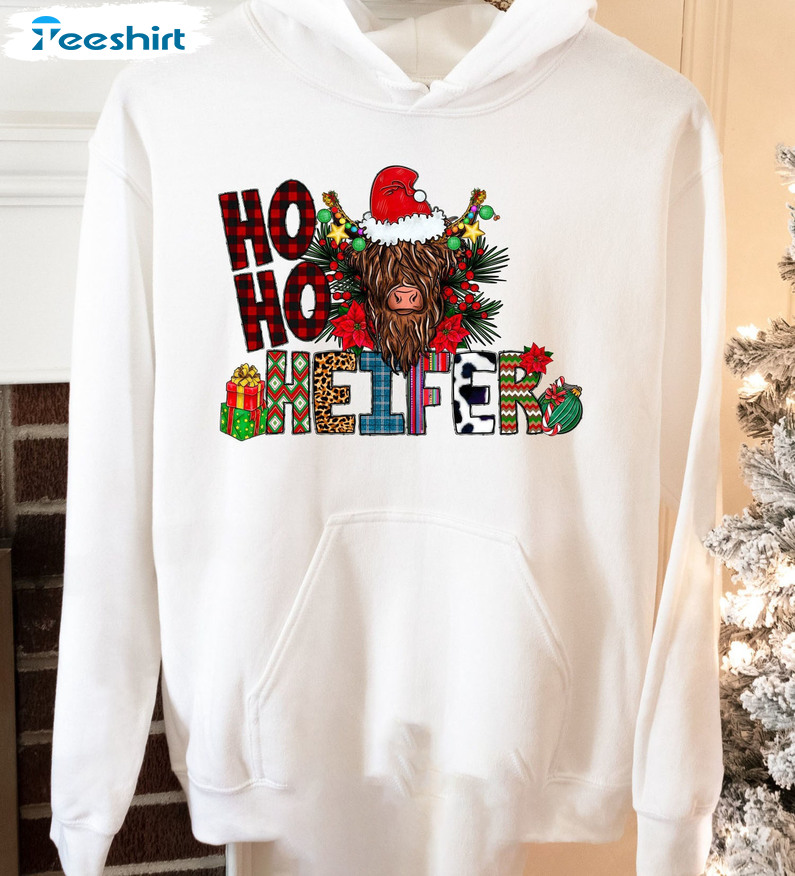 Ho Ho Heifer Christmas Shirt, Western Mooey Christmas Short Sleeve Sweater