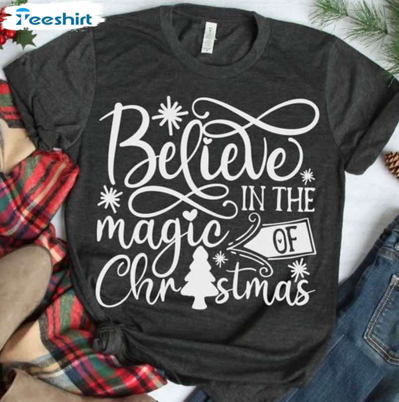 Believe In The Magic Of Christmas Sweatshirt, Magical Xmas Tree Short Sleeve Sweater