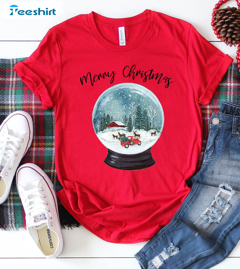 Merry Christmas Snow Globe Shirt, Christmas Vintage Unisex Hoodie Short Sleeve