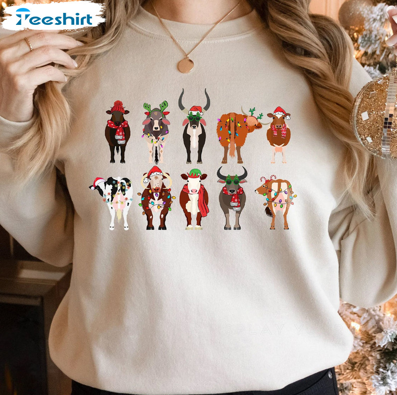 Christmas Cows Sweatshirt, Cow Farm Xmas Unisex Hoodie Short Sleeve