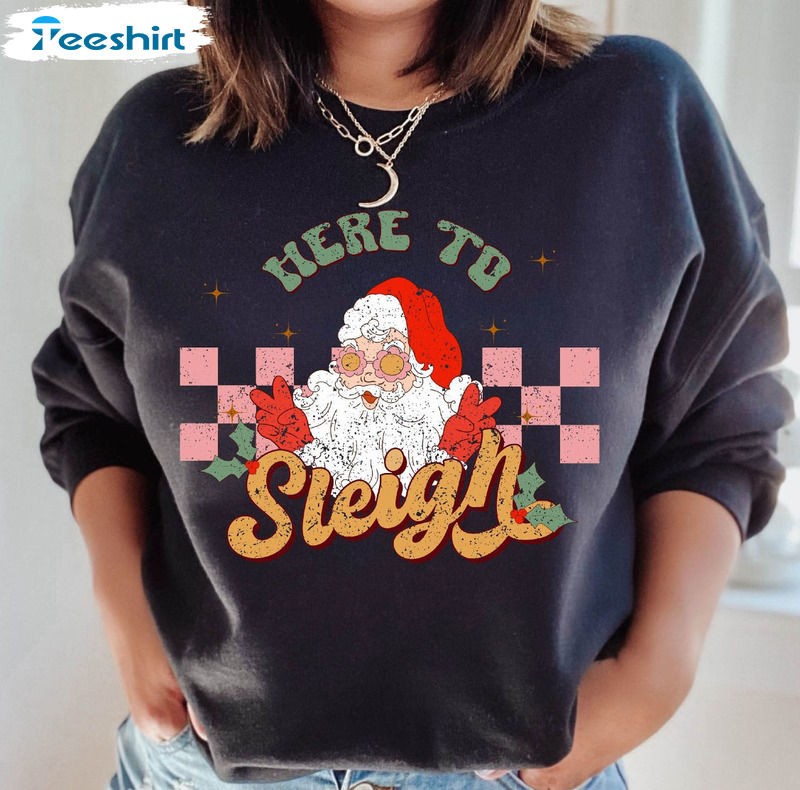 Here To Sleigh Shirt, Santa Claus Vintage Short Sleeve Tee Tops