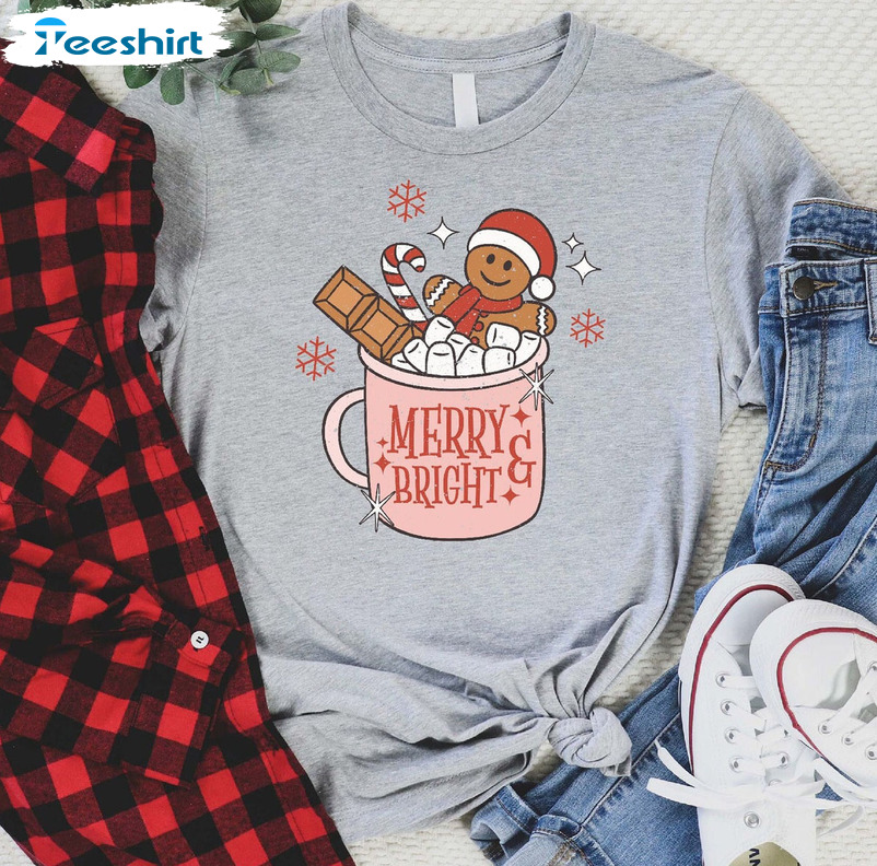 Merry Bright Gingerbread Christmas Shirt, Coffee Latte Xmas Sweater Unisex Hoodie