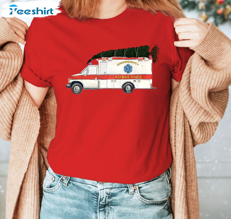 Ambulance Christmas Tree Shirt, Christmas Tree Lovers Unisex Hoodie Crewneck