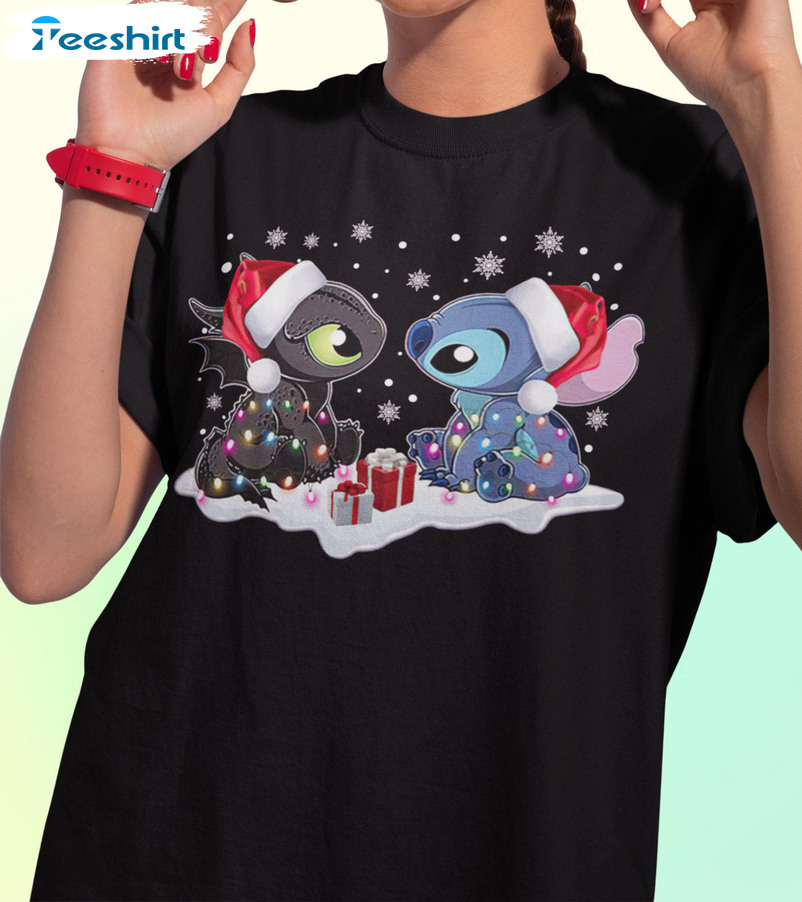 Stitch And Toothless Santa Shirt, Christmas Lights Short Sleeve Hoodie