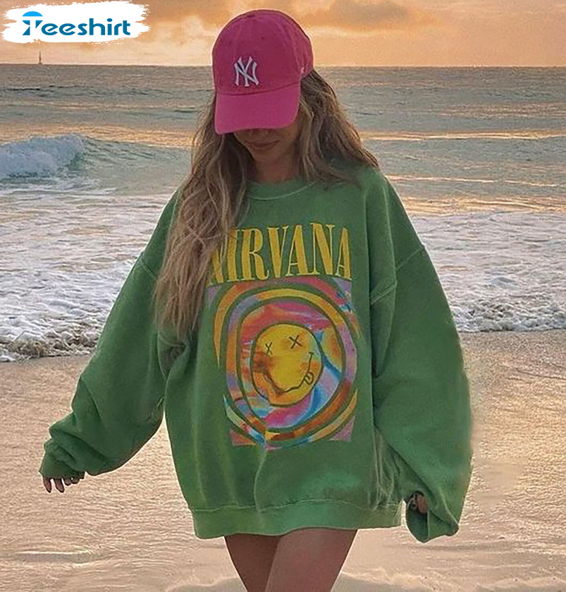 Nirvana Sweatshirt, Smiley Face Rainbow Short Sleeve Tee Tops