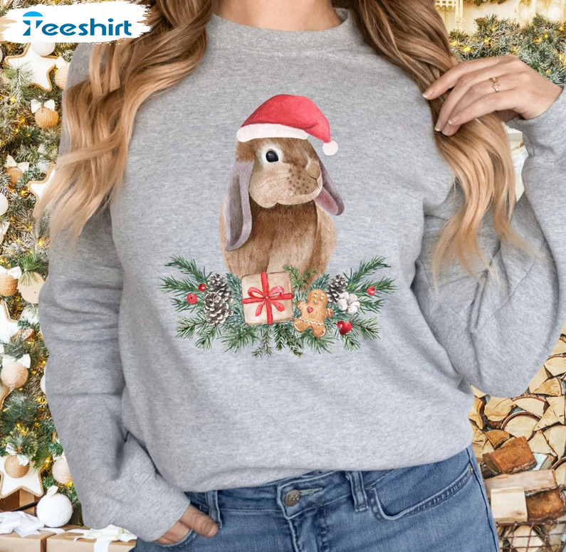 Bunny Christmas Sweatshirt, Santa Rabbit Long Sleeve Unisex Hoodie