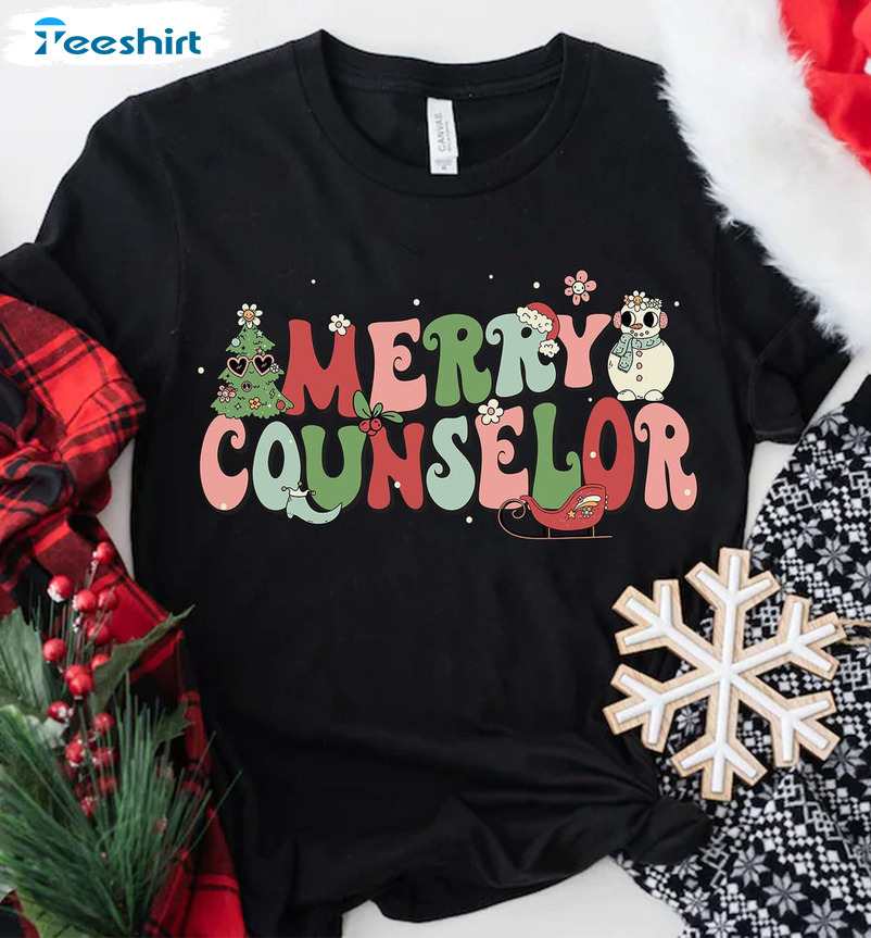 Merry Counselor Shirt, School Counselor Christmas Short Sleeve Tee Tops