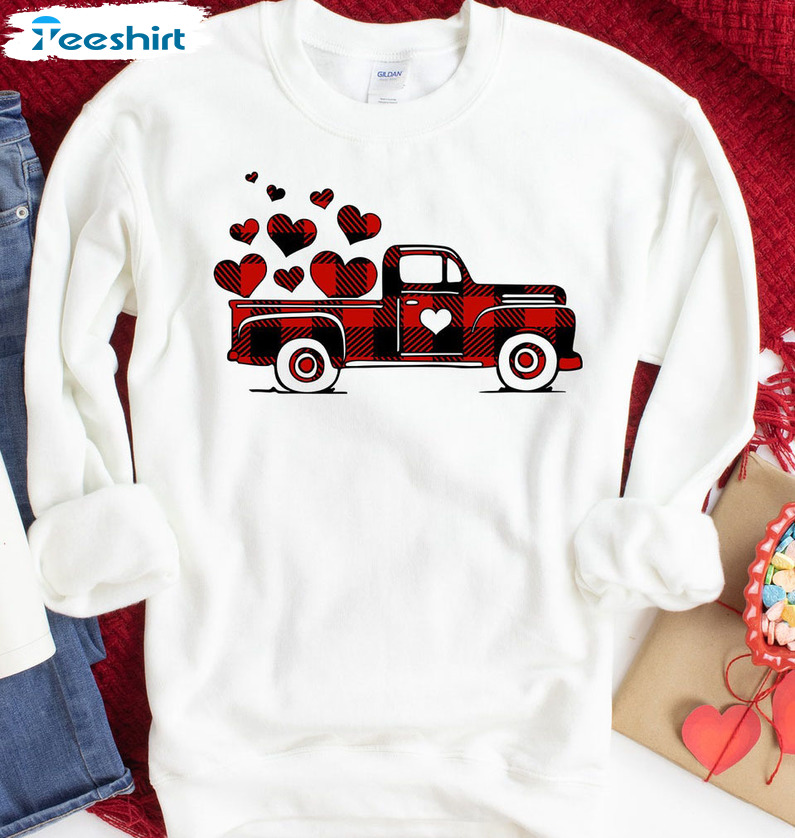 Valentines Truck With Heart Shirt, Couple Matching Long Sleeve Sweater