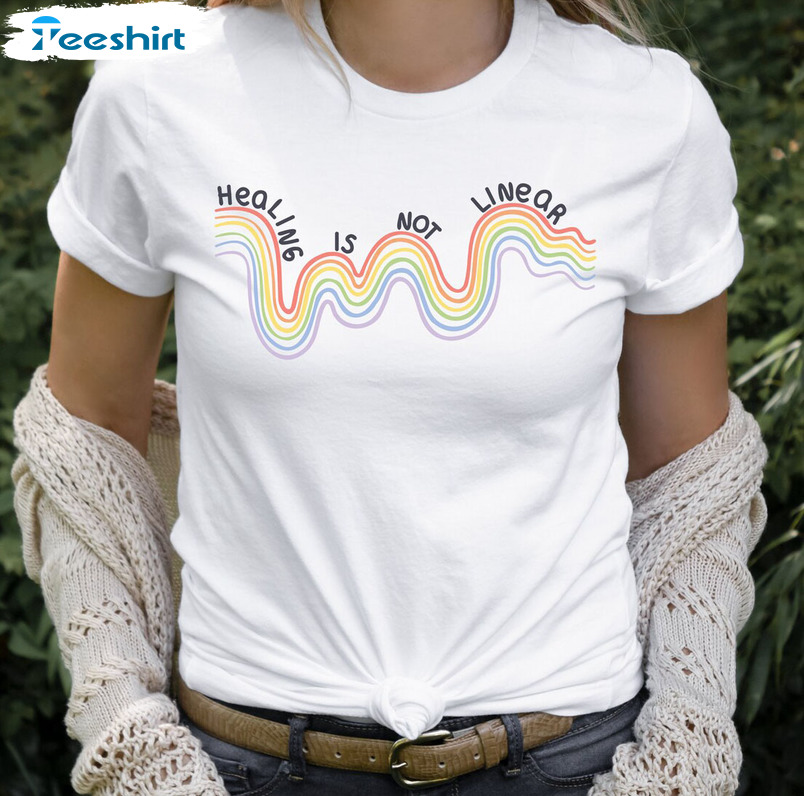 Healing Is Not Linear Sweatshirt, Rainbow Mental Health Unisex Hoodie Crewneck