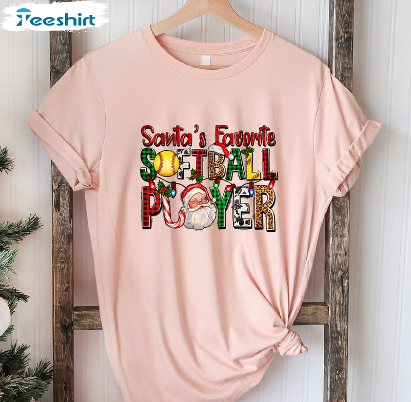 Santa's Favorite Softball Player Shirt, Softball Lover Christmas Unisex Hoodie Short Sleeve