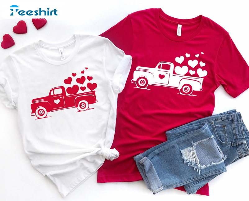 Vintage Red Truck Valentines Shirt, Truck Car With Hearts Sweater Short Sleeve