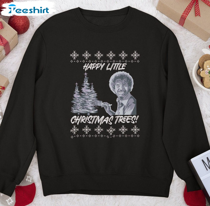 Happy Little Christmas Trees Shirt, Bob Ross Christmas Crewneck Unisex T-shirt