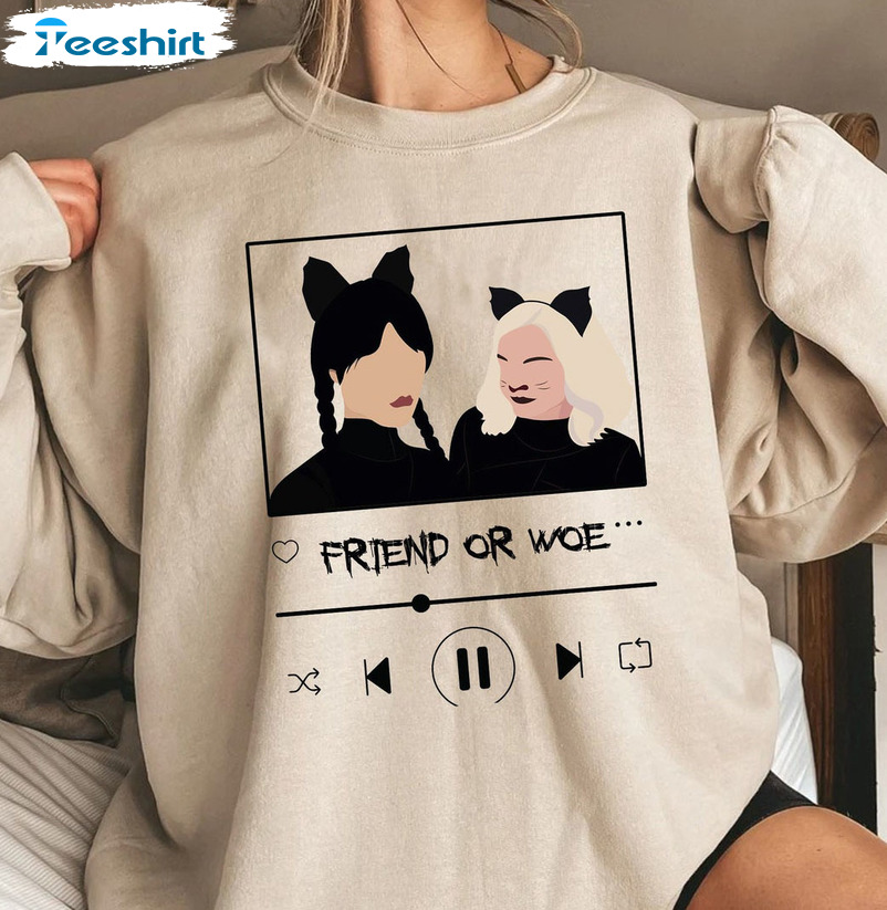 Friend Or Woe Shirt, Wednesday And Enid Sinclair Track Long Sleeve Crewneck