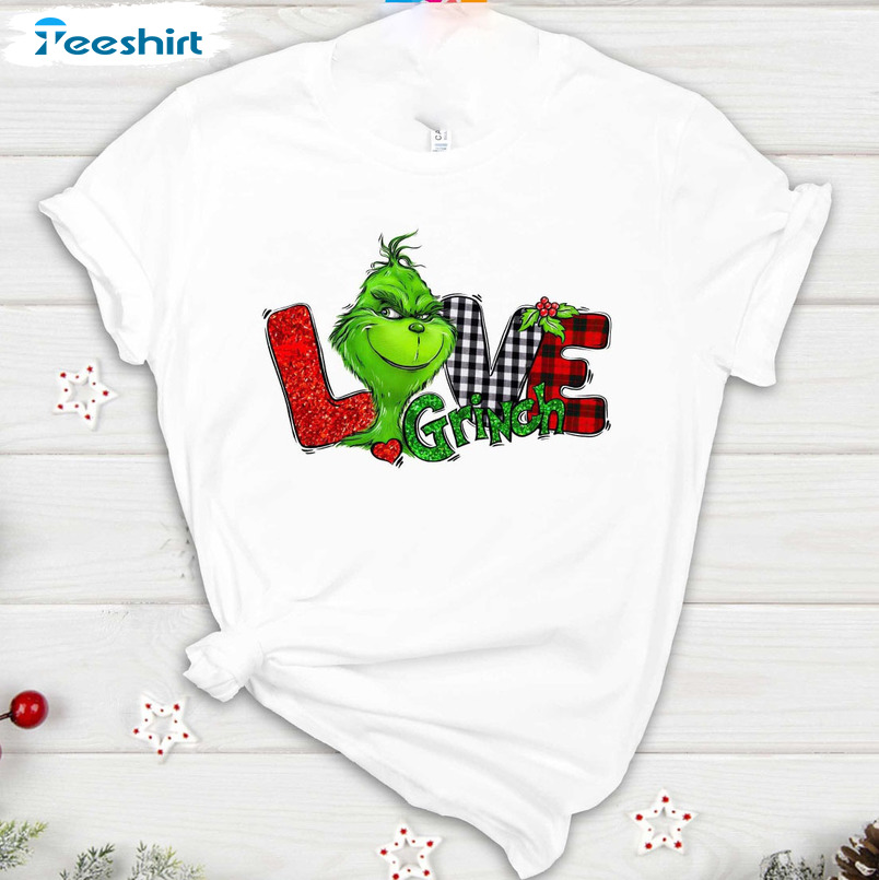 Love Grinch Funny Shirt, Christmas Buffalo Plaid Tee Tops Long Sleeve