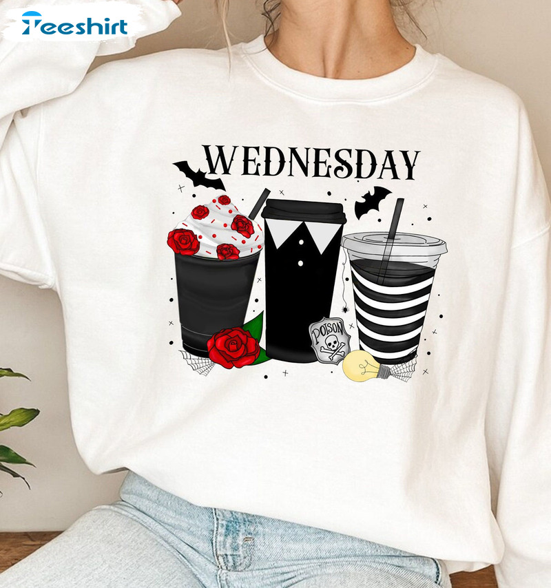 Wednesday Addams Coffee Shirt, Horror Movies Unisex Hoodie Long Sleeve