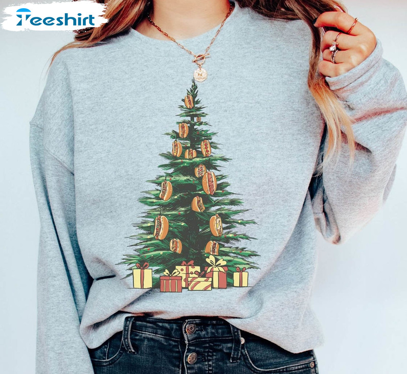 Hot Dog Christmas Tree Sweatshirt, Funny Fast Food Lover Long Sleeve Crewneck