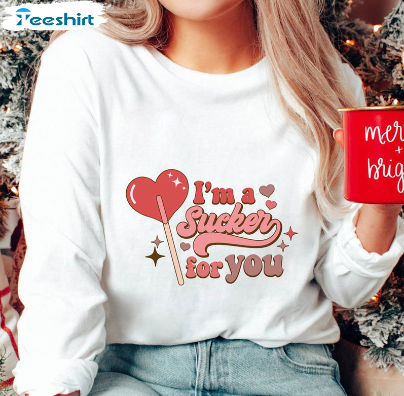 I'm A Sucker For You Valentine Shirt, Funny Heart Candy Short Sleeve Crewneck