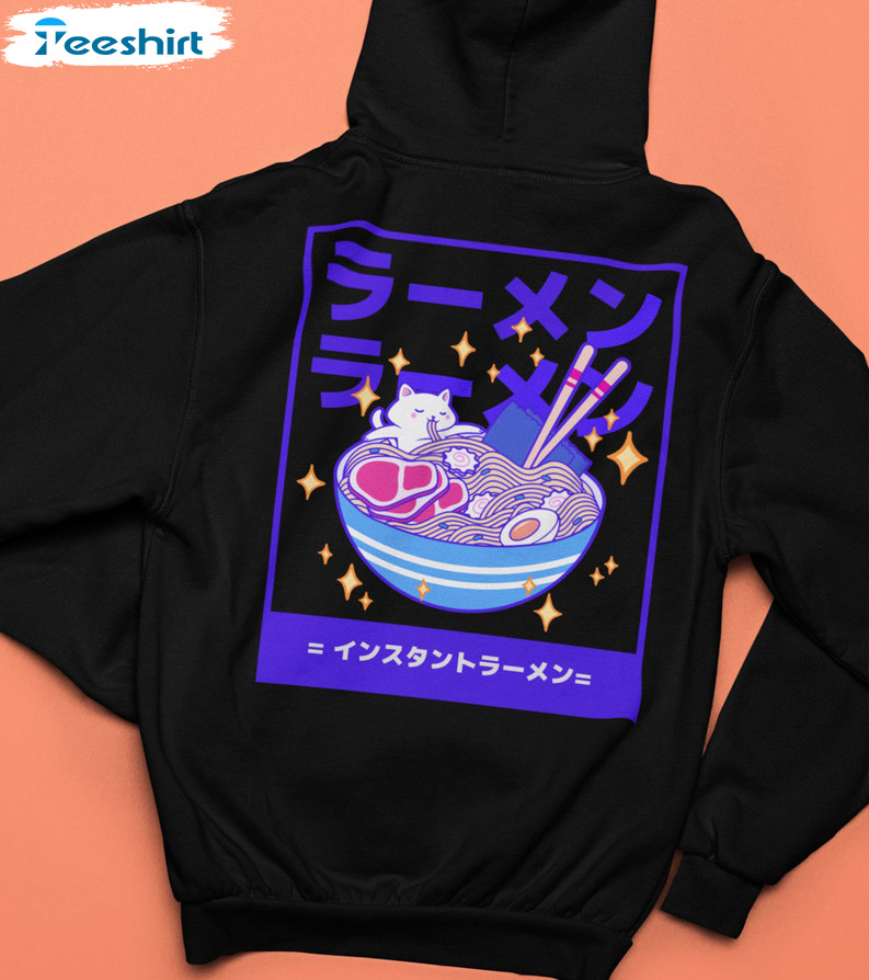 Kawaii Cat Ramen Shirt, Anime Vintage Tee Tops Unisex Hoodie