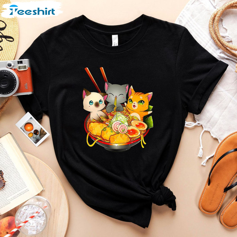 Ramen Noodles Cat Shirt, Kawaii Cat Crewneck Short Sleeve