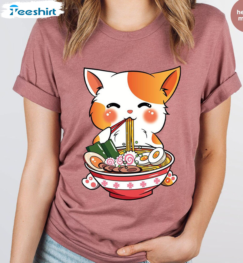 Cat Ramen Funny Shirt, Anime Japanese Long Sleeve Unisex Hoodie