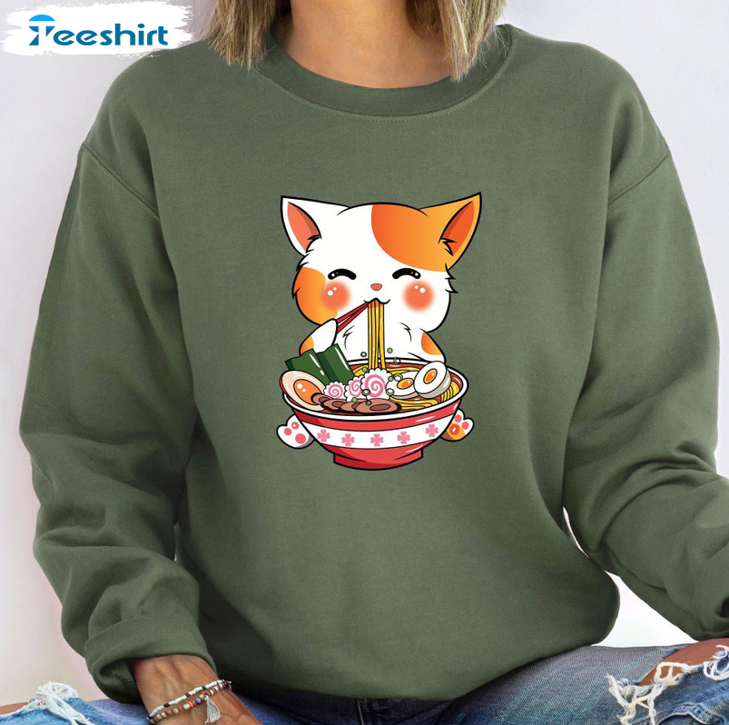 Cat Ramen Sweatshirt, Japanese Kawaii Anime Unisex Hoodie Long Sleeve