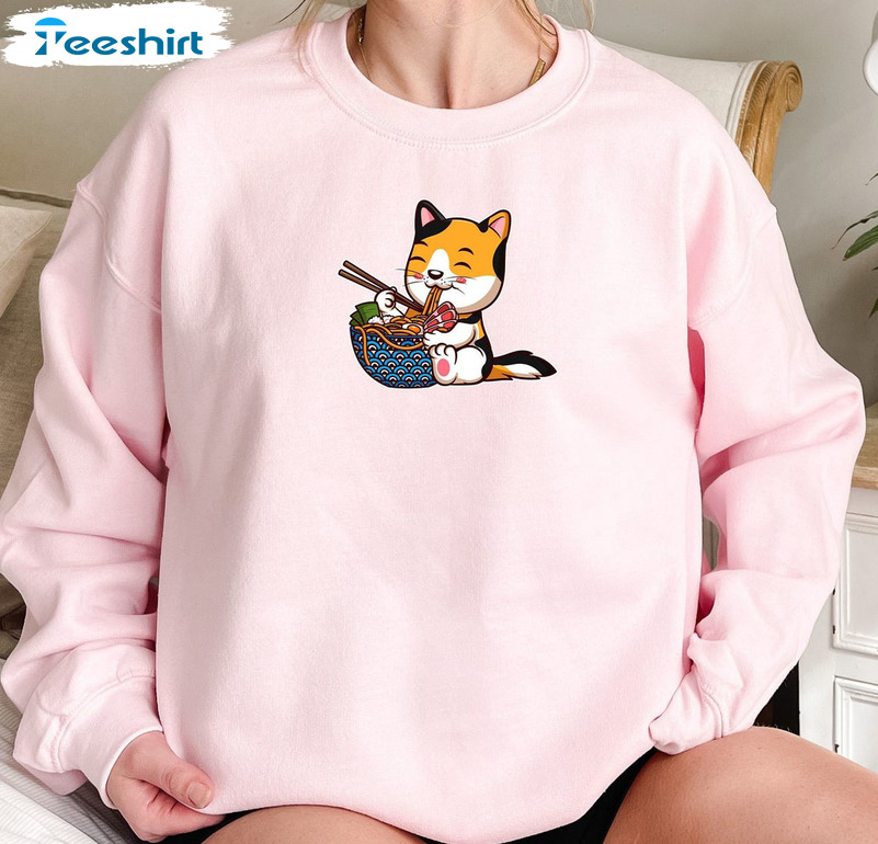 Ramen Eating Cat Shirt, Funny Cat Unisex Hoodie Crewneck