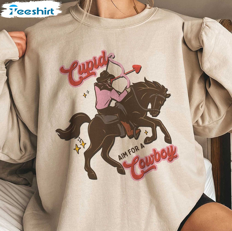 Cupid Find Me A Cowboy Shirt, Groovy Valentines Long Sleeve Crewneck