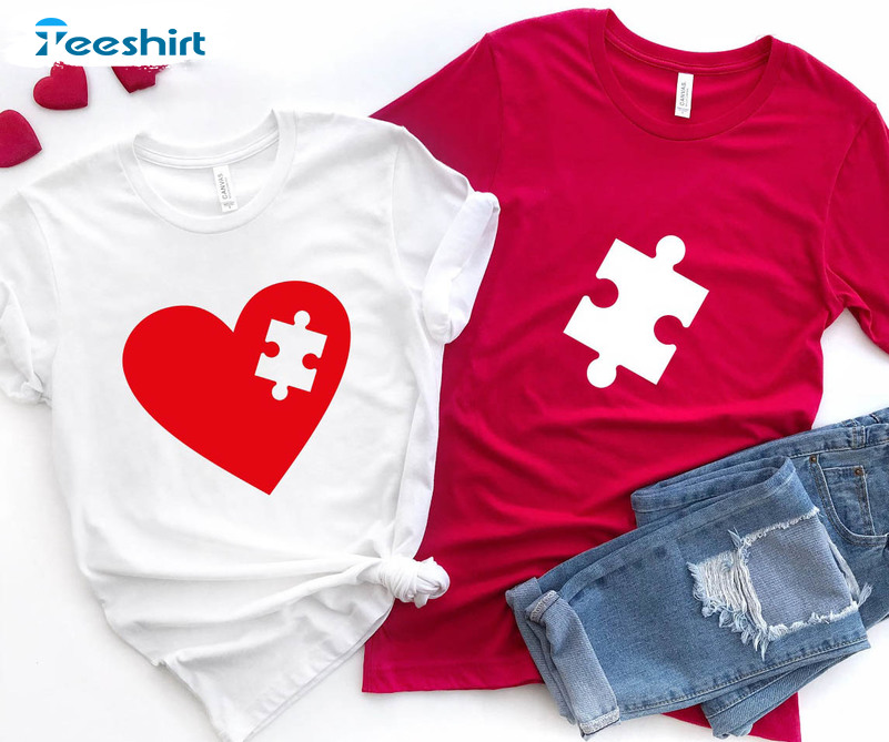 Puzzle Heart And Puzzle Piece Shirt, Valentine Crewneck Unisex T-shirt