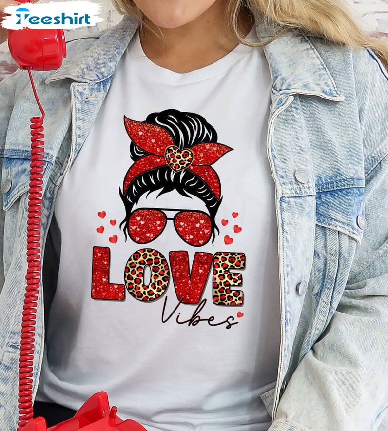 Love Vibes Leopard Shirt, Valentines Sweatshirt Short Sleeve