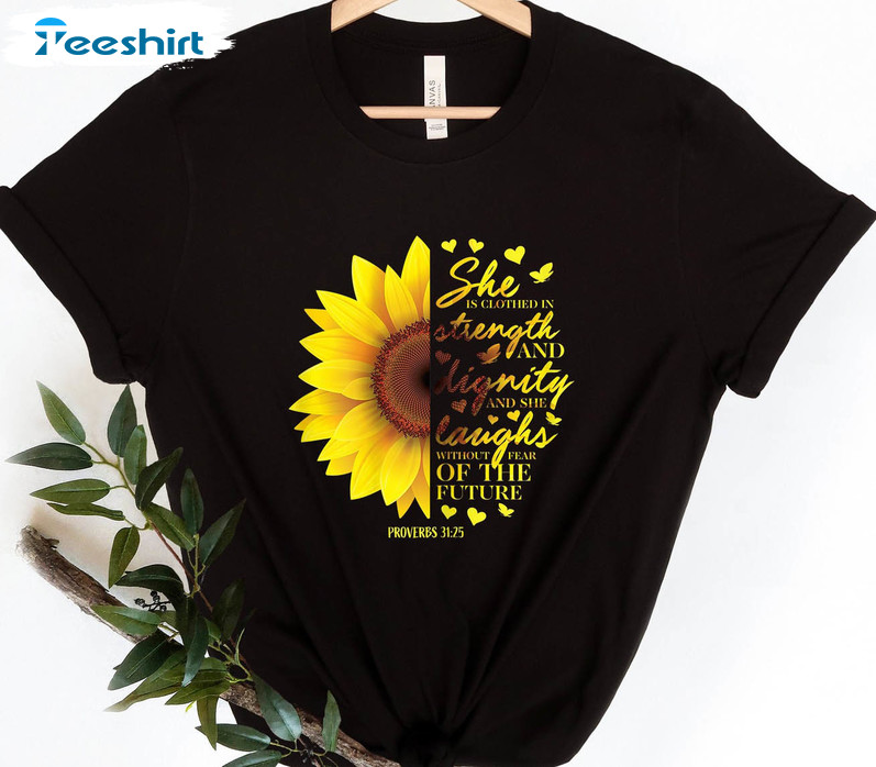 She Is Clothed In Strength Shirt, Vintage Sunflower Unisex Hoodie Crewneck