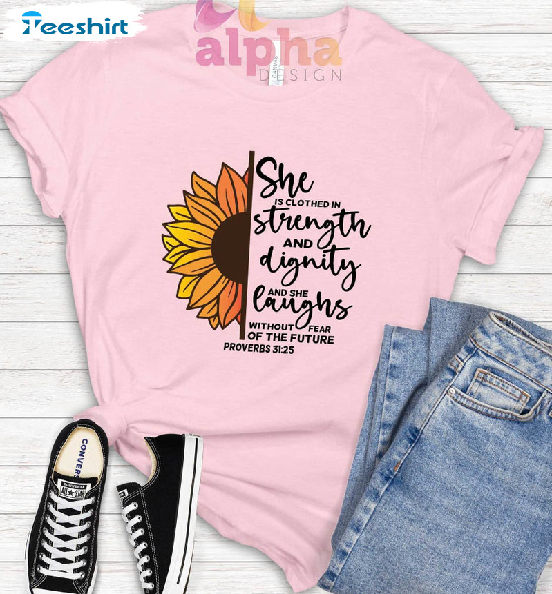 She Is Clothed In Strength Shirt, Vintage Sunflower Sweatshirt Unisex Hoodie