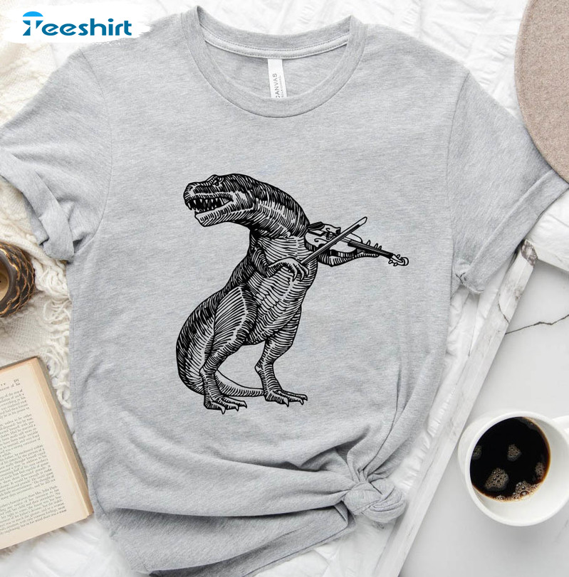 Dinosaur Playing Violin Shirt, Musician Dinosaur Crewneck Unisex Hoodie