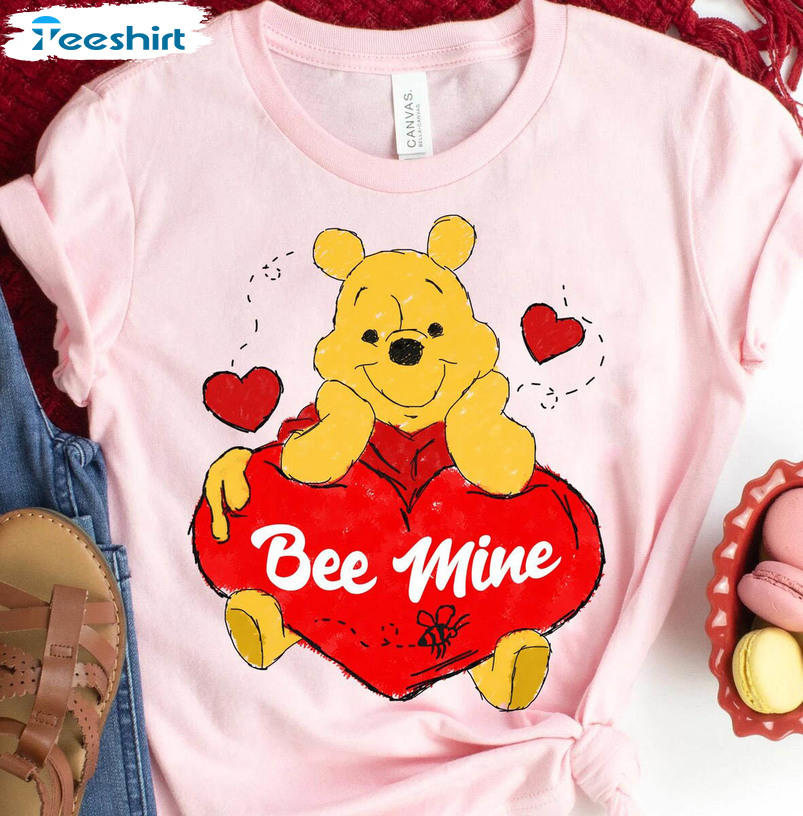 Cute Pooh Bee Mine Love Heart Shirt, Disney Valentine Crewneck Tee Tops