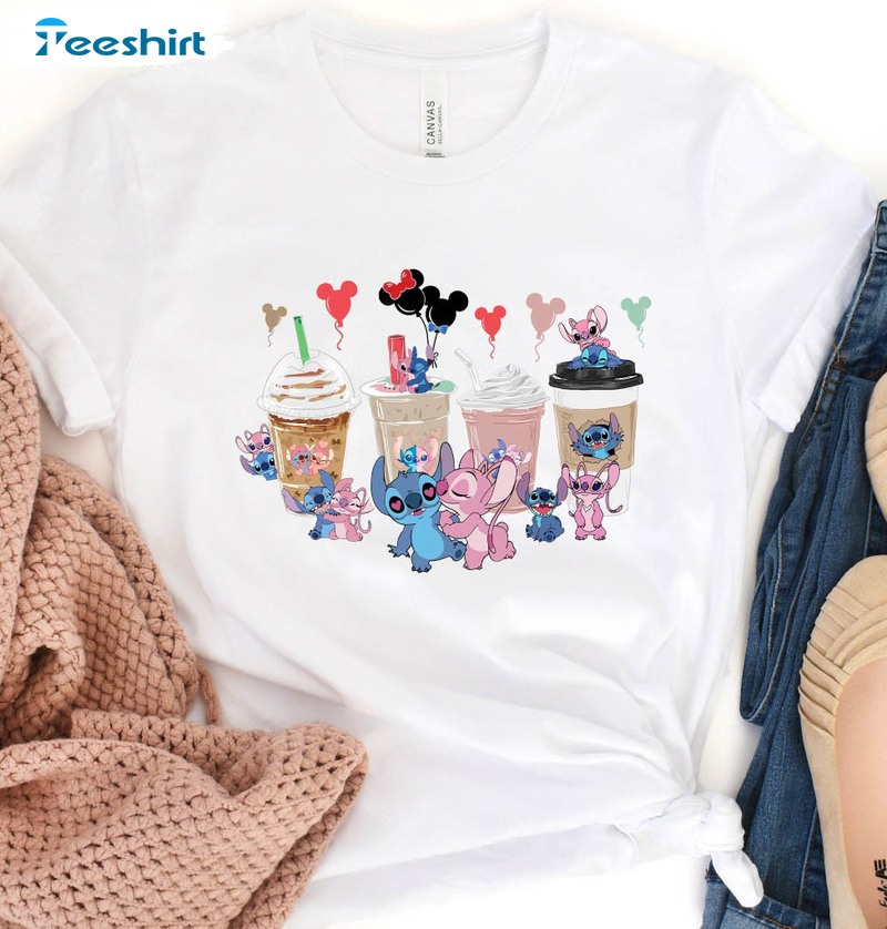 Stitch And Angel Happy Valentines Day Shirt, Coffee Latte Unisex T-shirt Long Sleeve