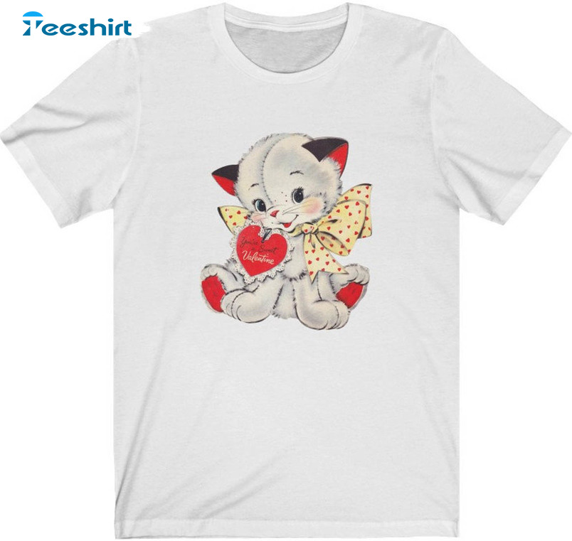 Vintage 1970s Valentines Day Cat Shirt, Patchwork Kitten Heart Unisex T-shirt Short Sleeve