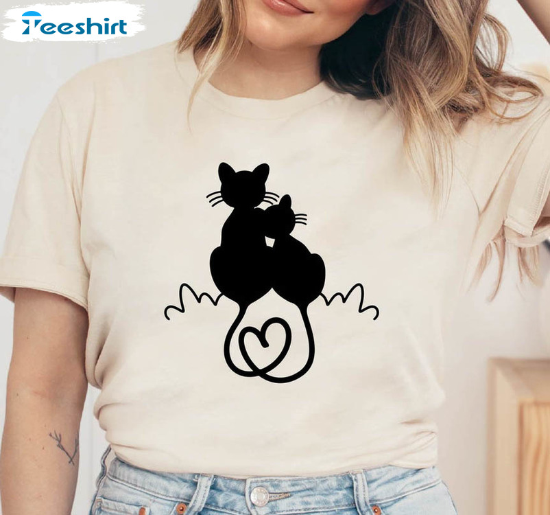 Valentine's Day Cat Couple Shirt, Cat Tail Heart Short Sleeve Tee Tops